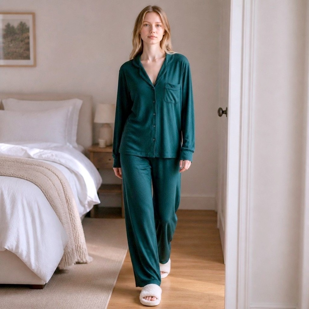 SKIMS Soft Lounge Sleep Set XL Dk Green Long Sleeve Top Pants Loungewear